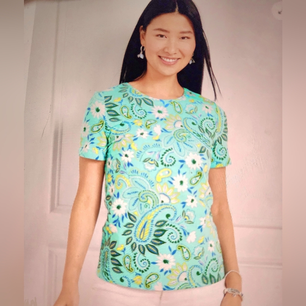 New with Tags Talbots Aqua Print Short Sleeve Tee M